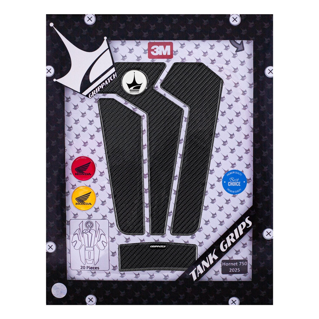 Grippatch Honda Hornet 750 (2025) ile Uyumlu Kaydırmaz 6D Karbon 20 Parça Tank Pad Seti GC42