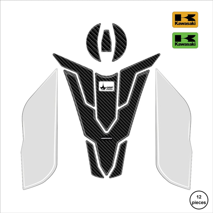 Grippatch Kawasaki Z900 (2025) ile Uyumlu Kaydırmaz 6D Karbon ve Şeffaf 12 Parça Tank Pad Seti GC72
