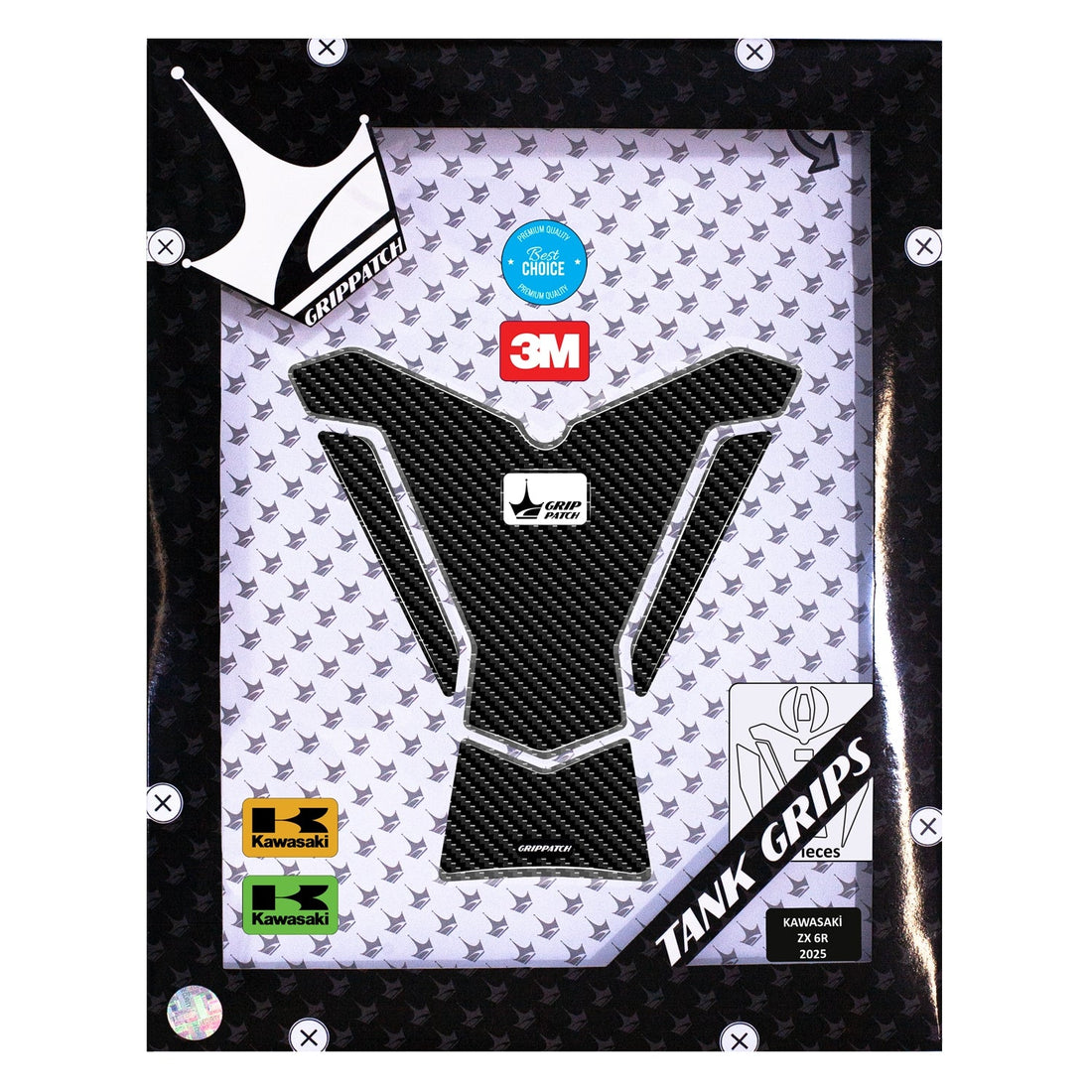 Grippatch Kawasaki ZX-6R (2025) ile Uyumlu Kaydırmaz 6D Karbon ve Şeffaf 10 Parça Tank Pad Seti GC68 (Siyah Motor)